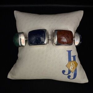 Vintage 925 Silver Bracelet Featuring Multiple Semi-Precious Stones.